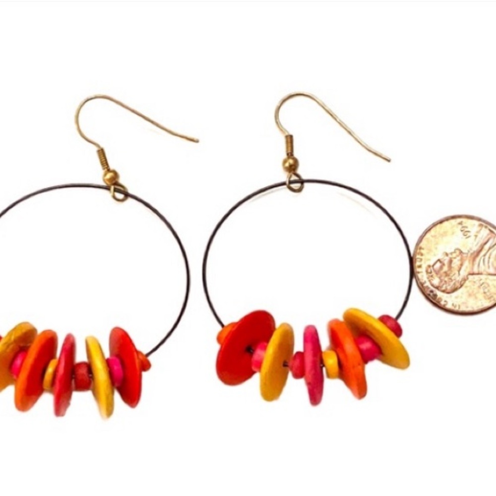 3 items-Orange&Gold Bracelets plus Orange/Yellow/Pink Beaded Hoop Earrings - Picture 6 of 6